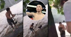 Cagnolino in pericolo viene salvato da un giovane atleta entra nel fiume in piena (VIDEO)